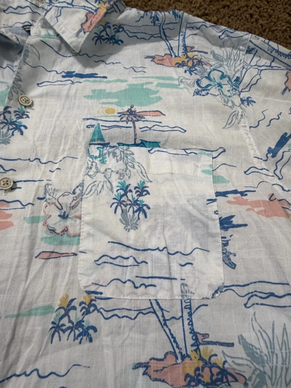Izod Men's Light Blue Tropical-Print Short-Sleeve Button-Down Shirt Size XL - Picture 4 of 10